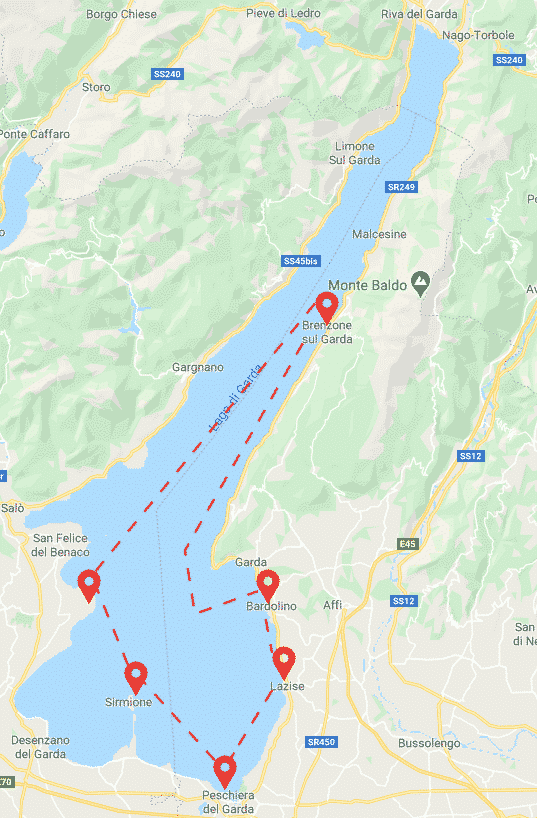 Mappa itinerario Lago di Garda Sud - Giro in barca - Boat Rent